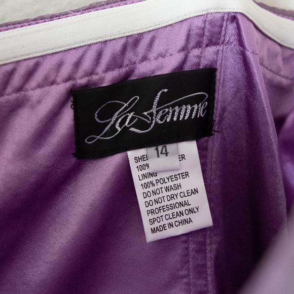 LA FEMME Strapless Purple Metallic Organza Gown - Picture 4 of 6